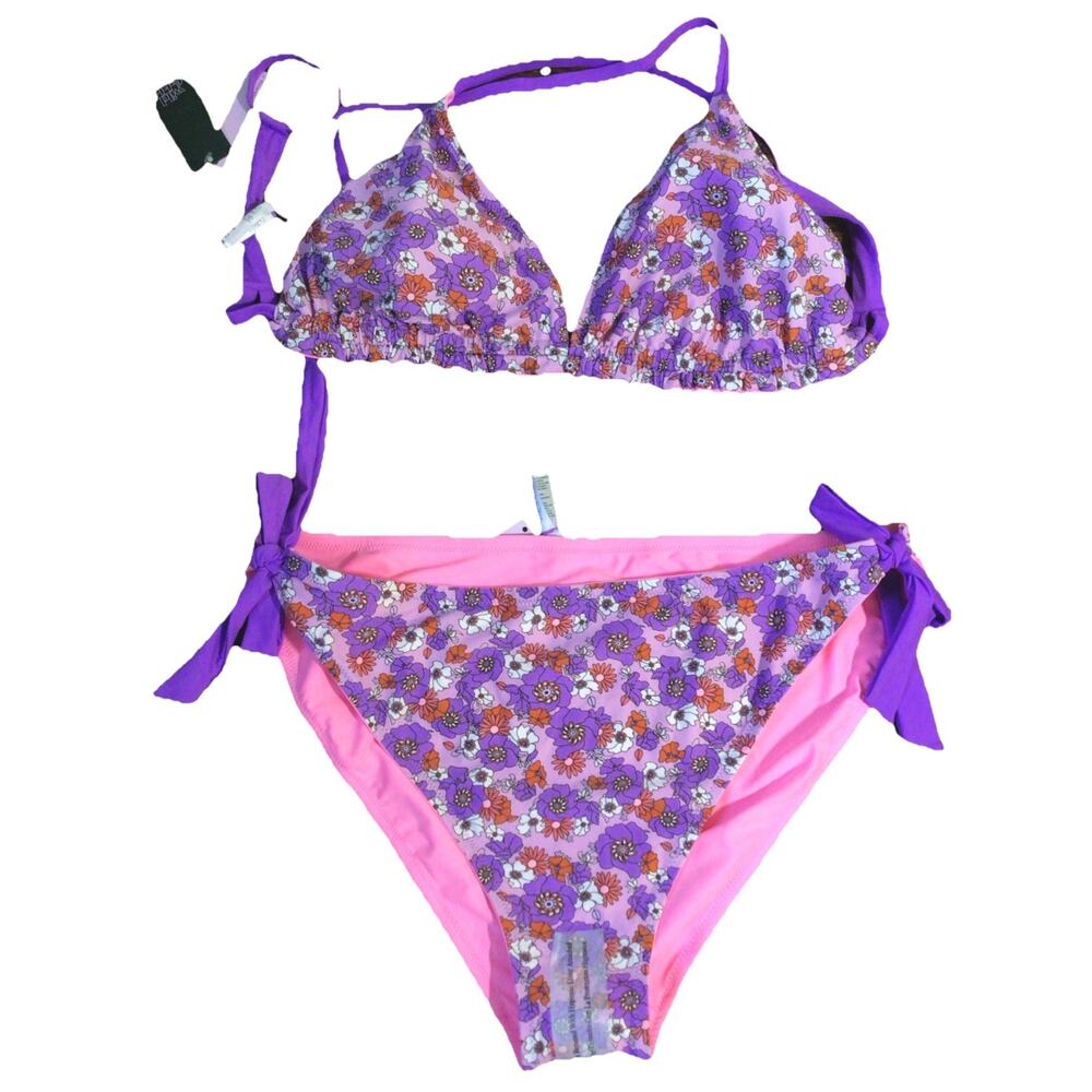 Set Bikini Floral Purple Pink Reversible Side 3X New